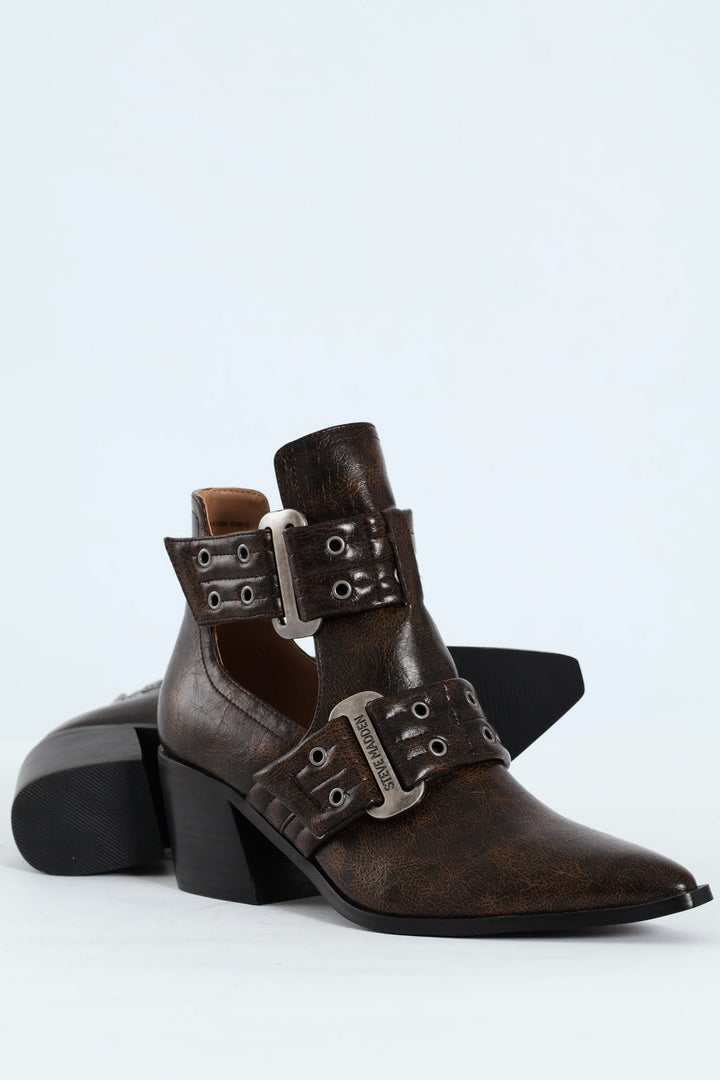 Giustine Pointed Toe Double Buckle Heeled Boot - Brown