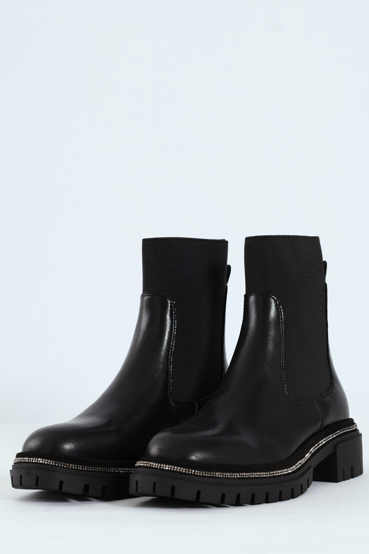 Offline Leather Knitted Sock Chelsea Boot - Black