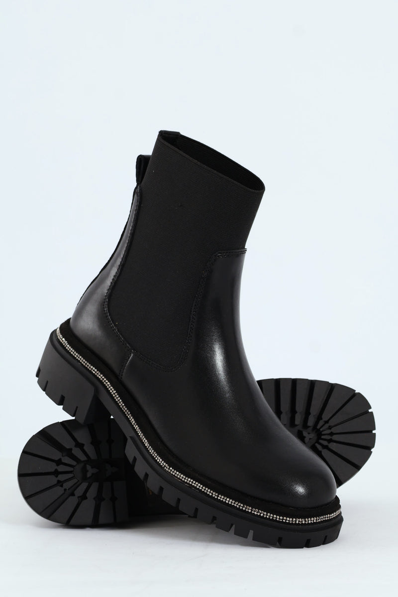 Offline Leather Knitted Sock Chelsea Boot - Black