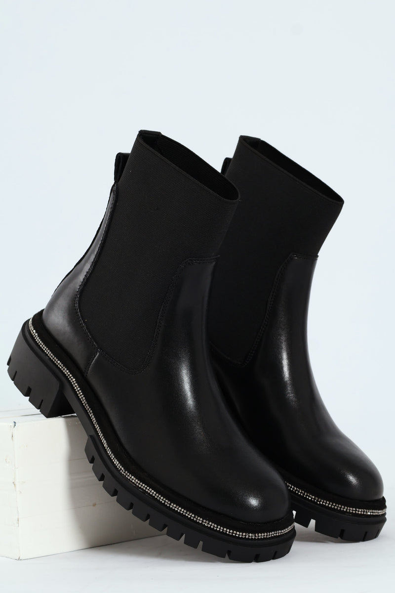 Offline Leather Knitted Sock Chelsea Boot - Black