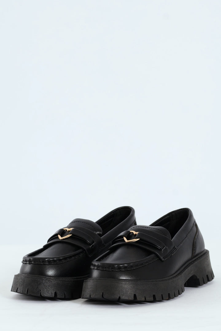Girls PU Heart Loafer - Black