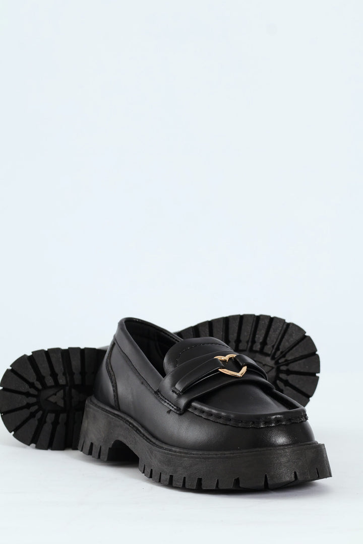 Girls PU Heart Loafer - Black