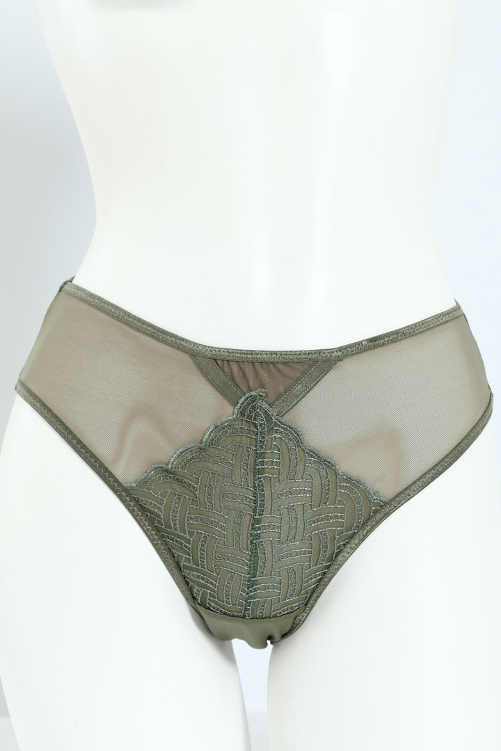 Embroidery & Shiny Microfibre Hi Cut Panty - Sage