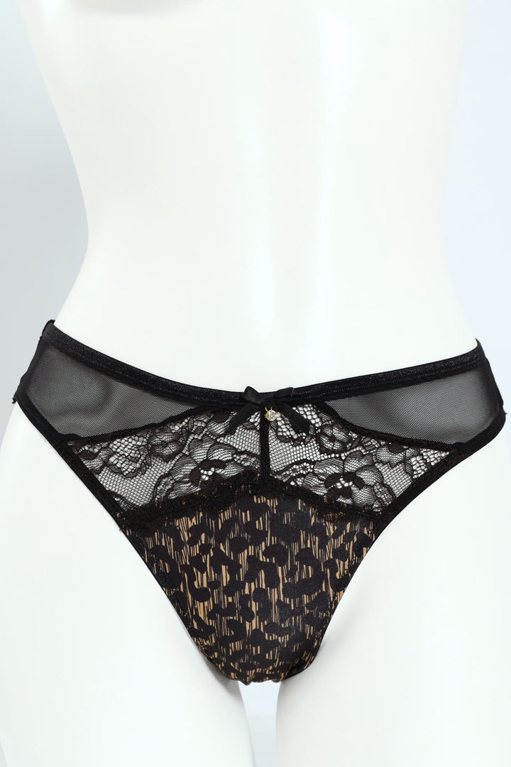 Leopard Print Microfibre & Lace Hi Cut Panty - Black