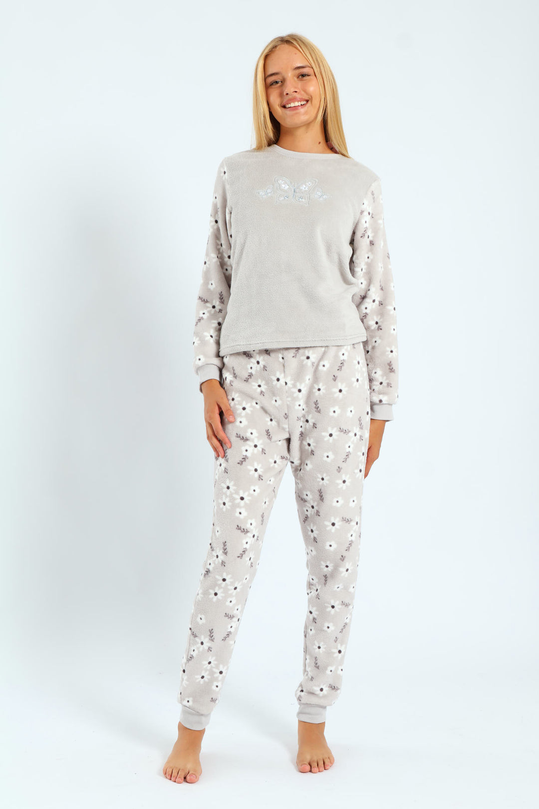 Girls Embroidered Bunny Print Sleep Set - Grey