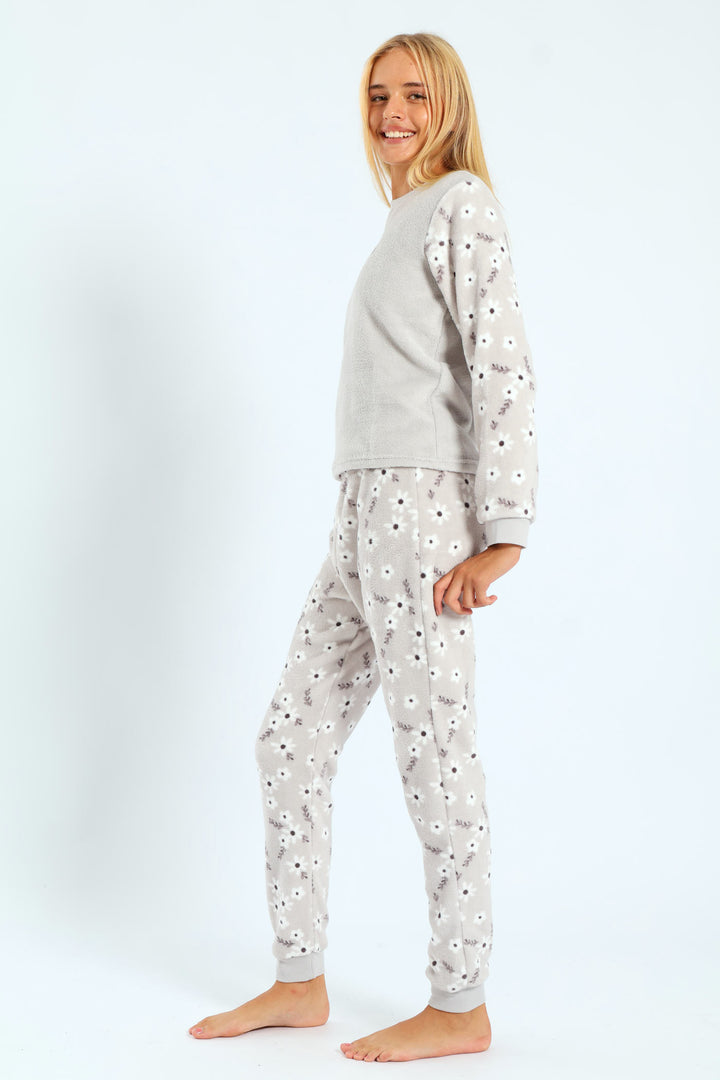 Girls Embroidered Bunny Print Sleep Set - Grey