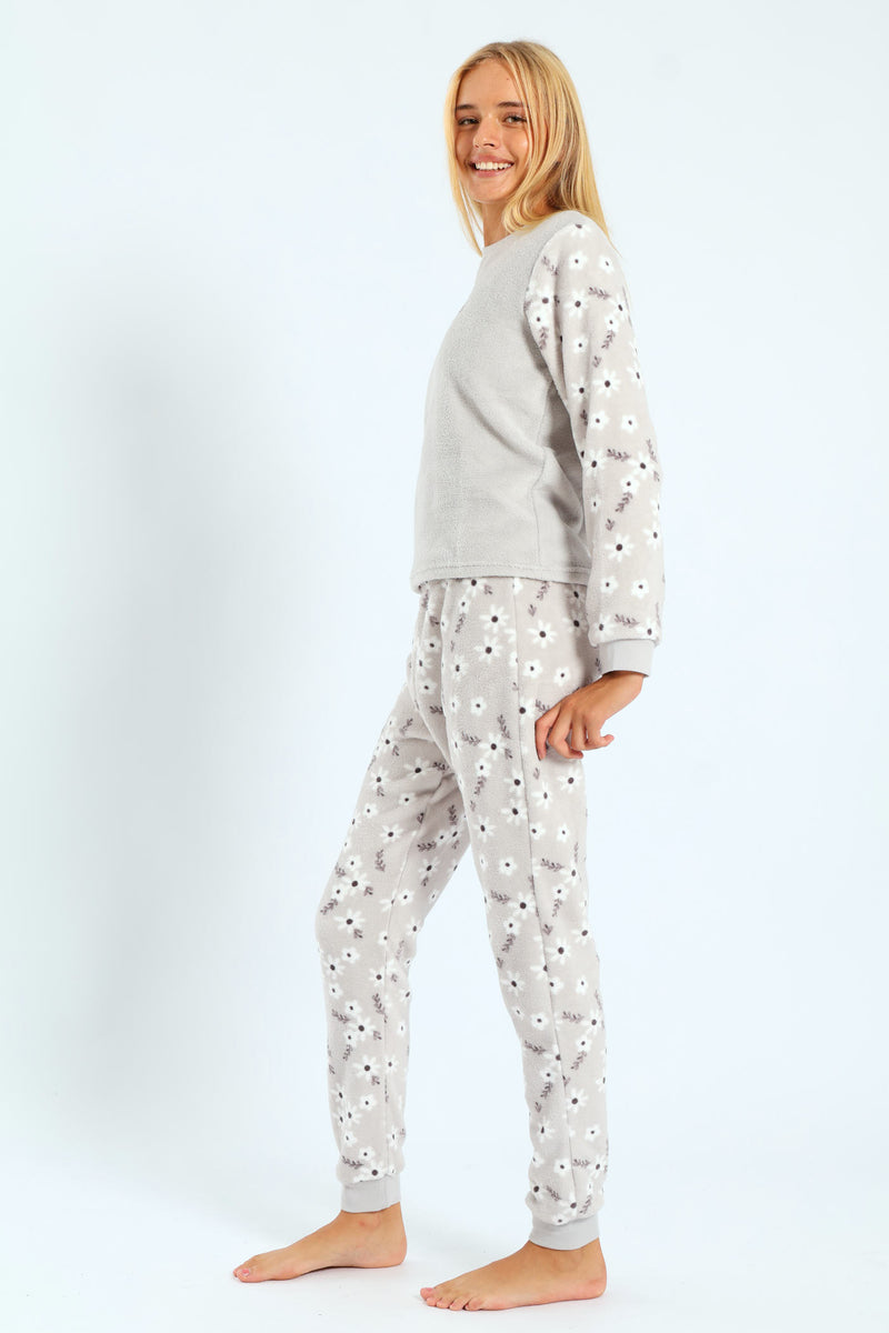 Girls Embroidered Bunny Print Sleep Set - Grey