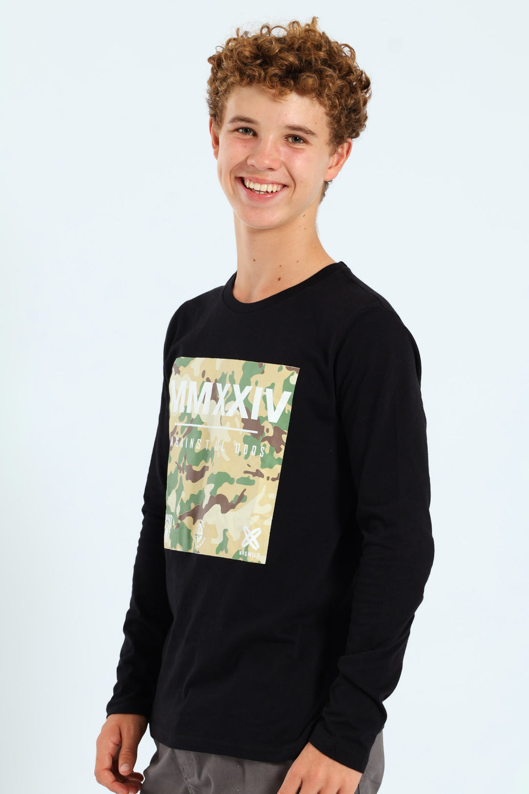 Boys Camo Print Long Sleeve Tee - Black