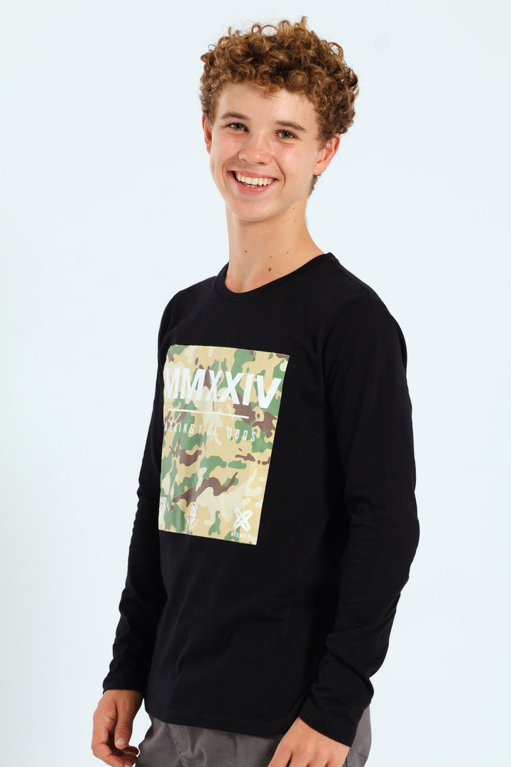 Boys Camo Print Long Sleeve Tee - Black