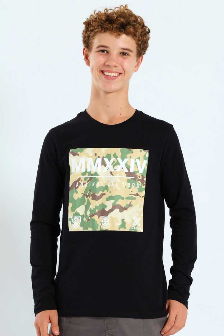 Boys Camo Print Long Sleeve Tee - Black