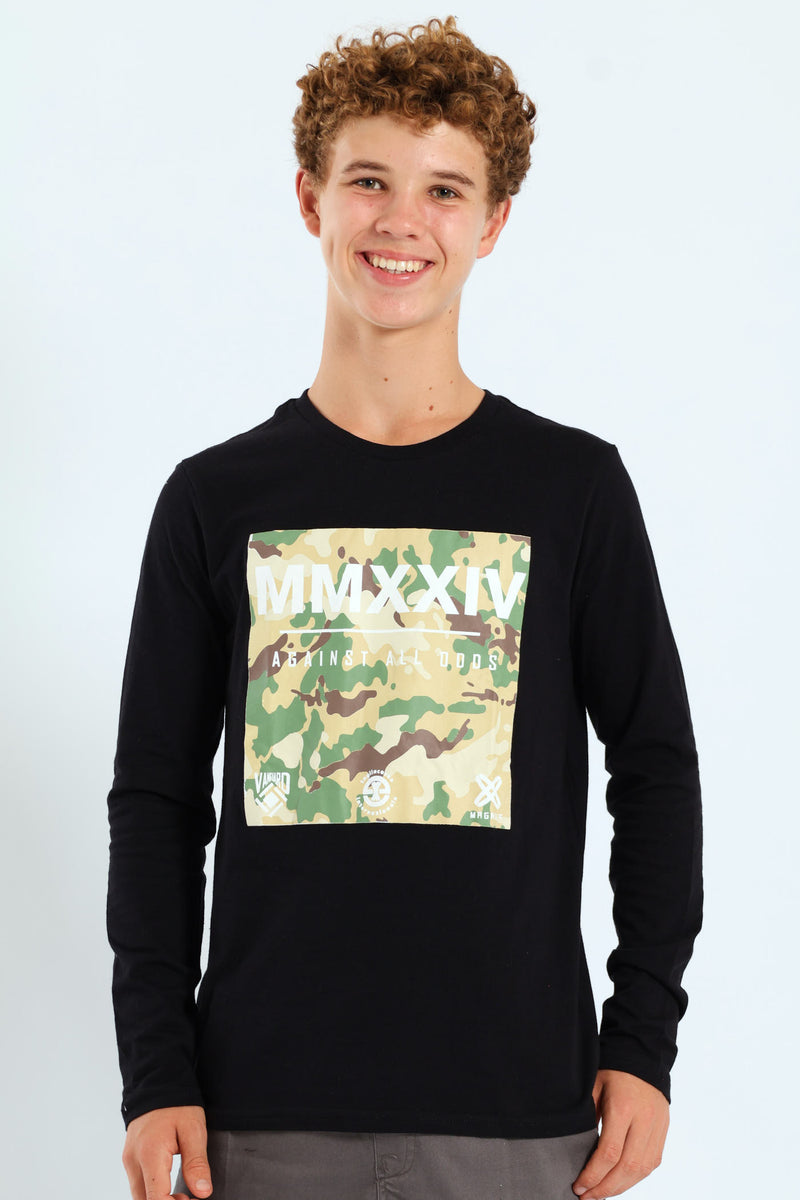 Boys Camo Print Long Sleeve Tee - Black