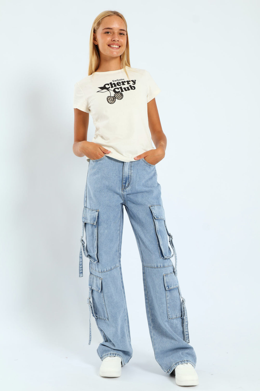 Girls Cargo Straps Denim - Light Blue