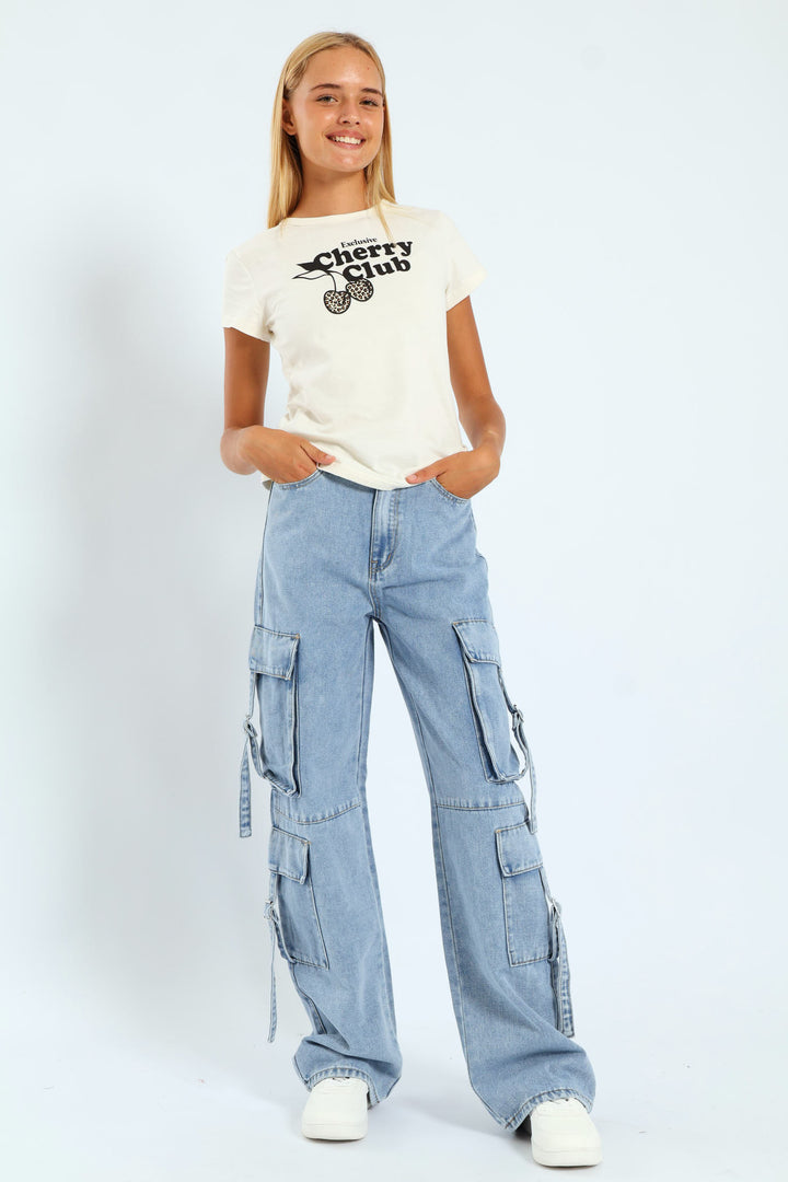 Girls Cargo Straps Denim - Light Blue