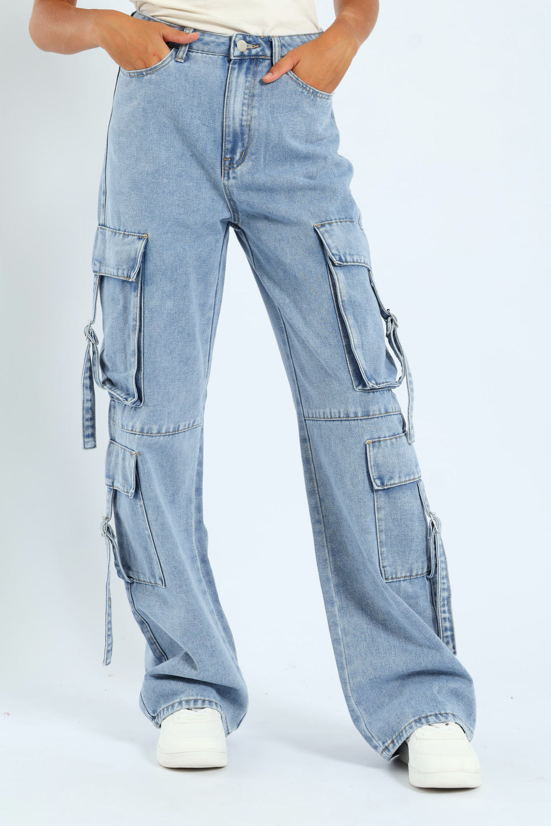 Girls Cargo Straps Denim - Light Blue