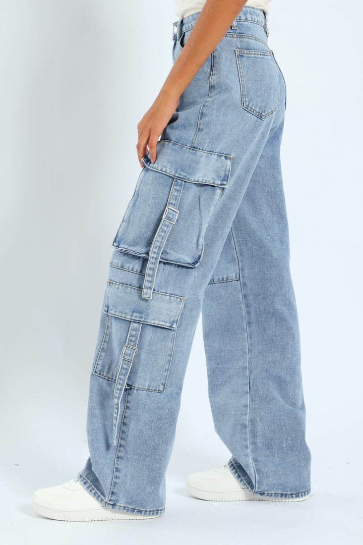 Girls Cargo Straps Denim - Light Blue