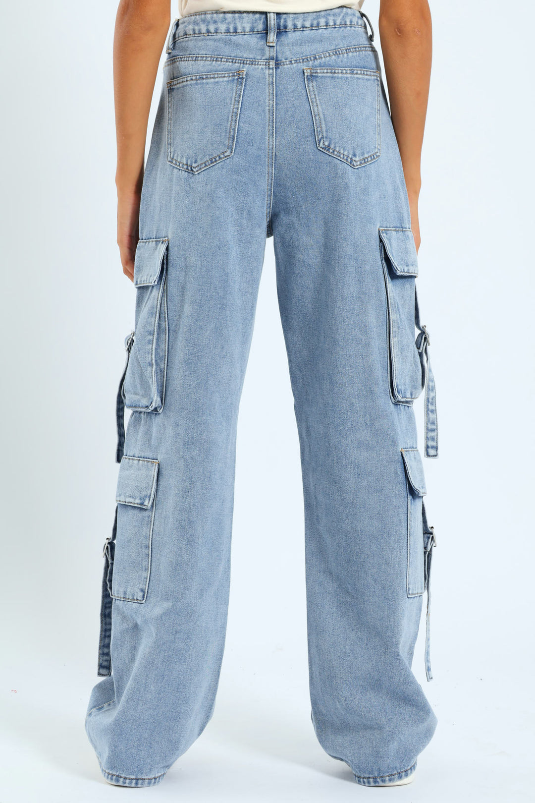 Girls Cargo Straps Denim - Light Blue