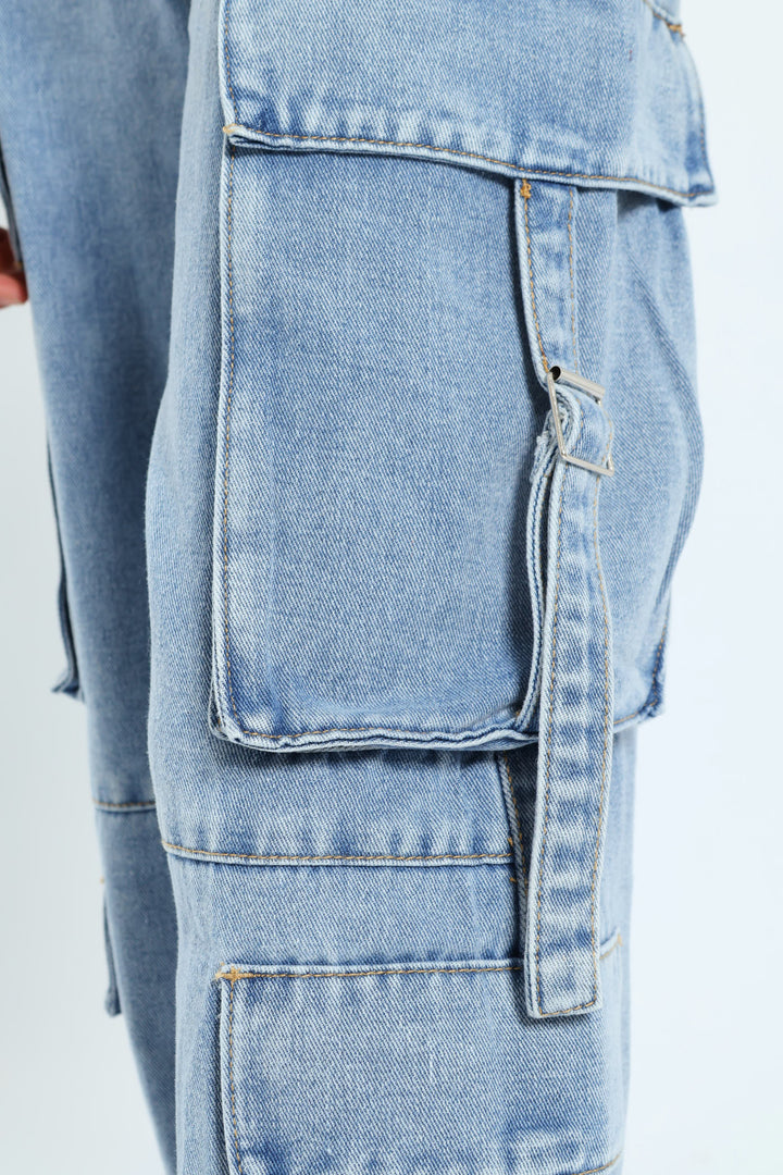 Girls Cargo Straps Denim - Light Blue