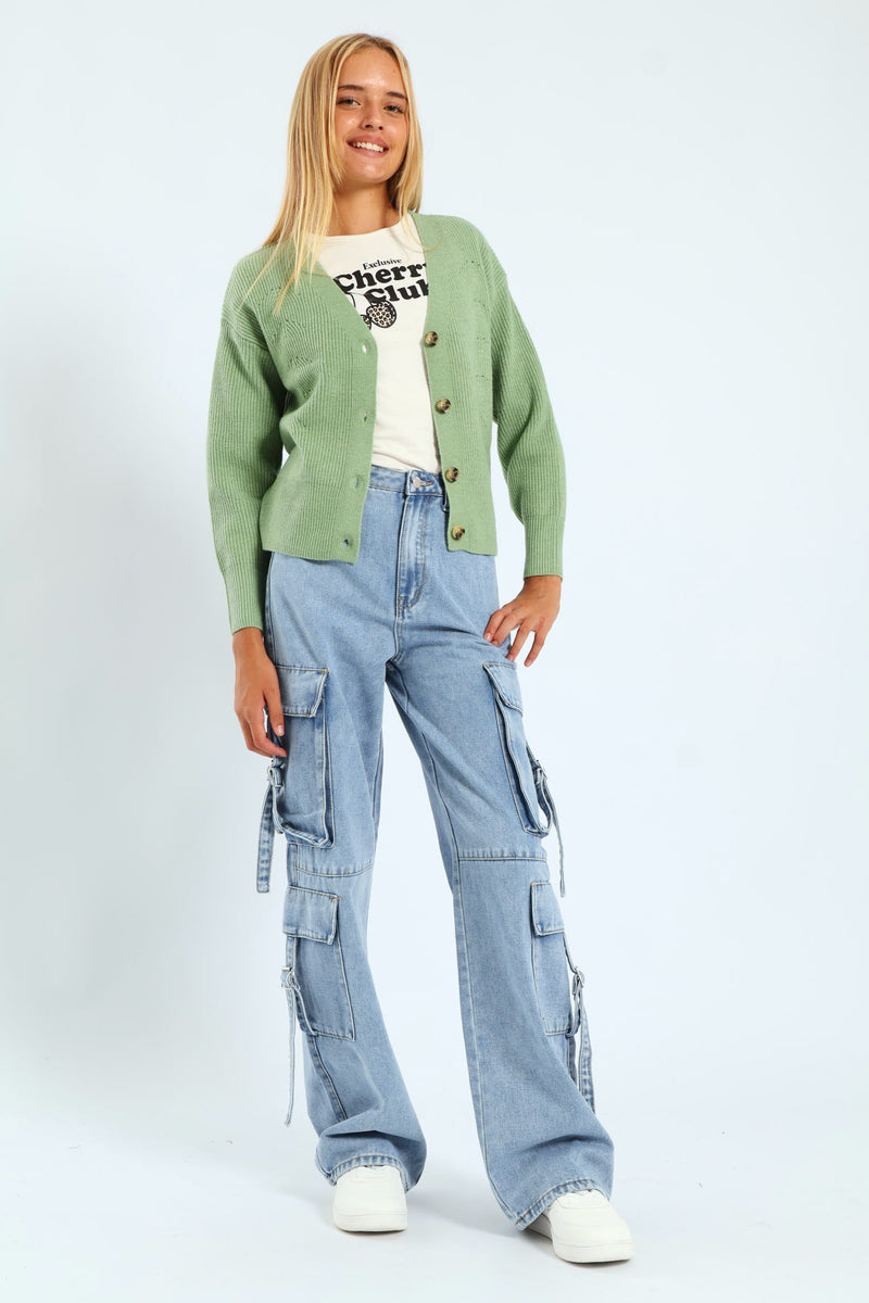 Girls Button Through Cardigan - Sage