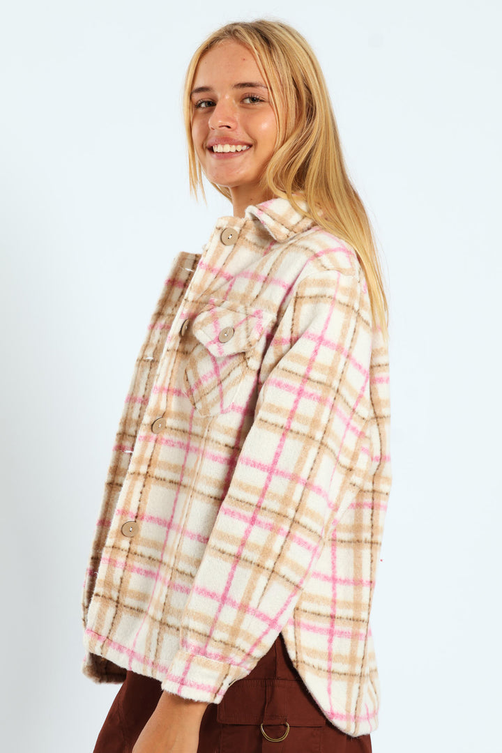 Girls Brushed Check Shacket - Brown