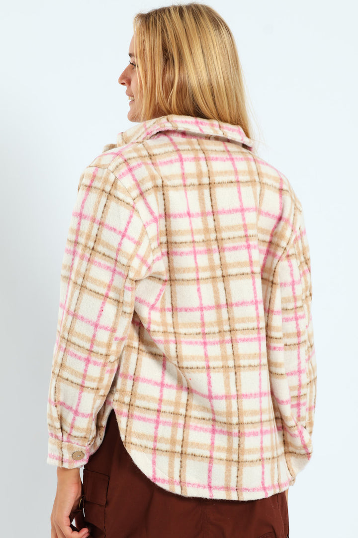 Girls Brushed Check Shacket - Brown