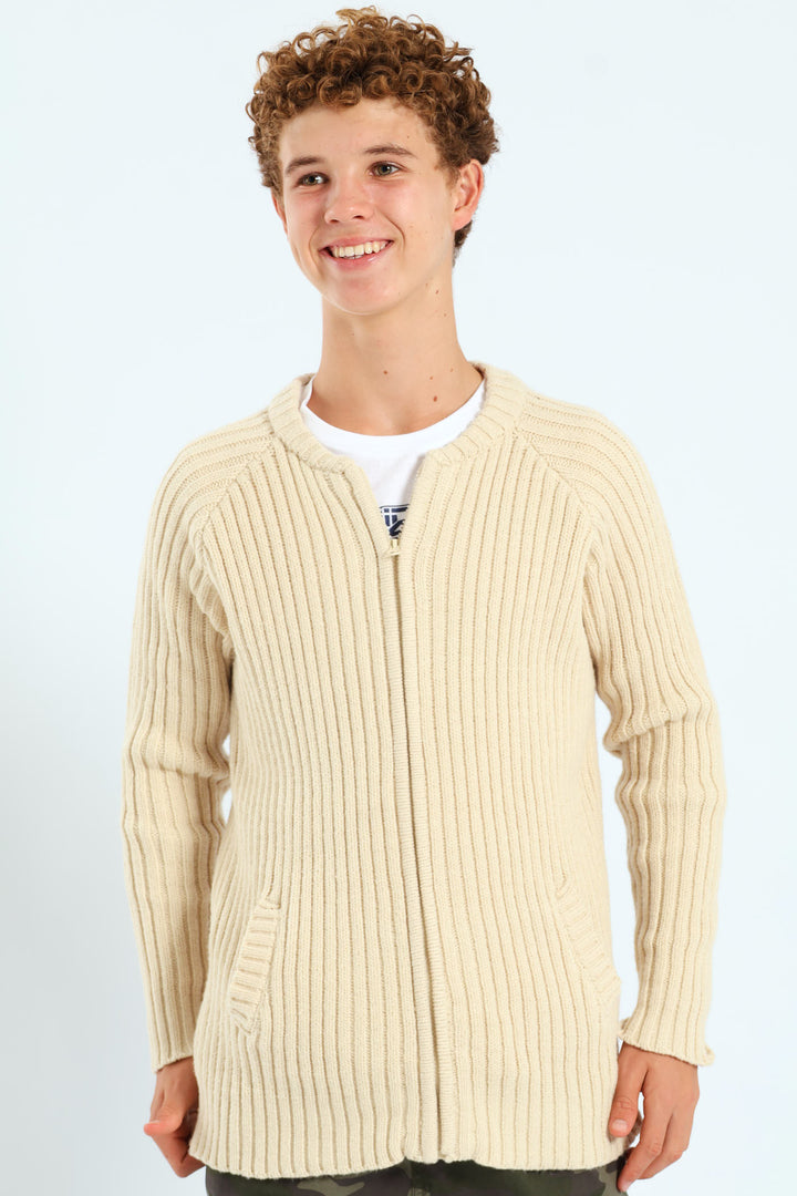 Boys Zip Through Rib Knitwear - Stone