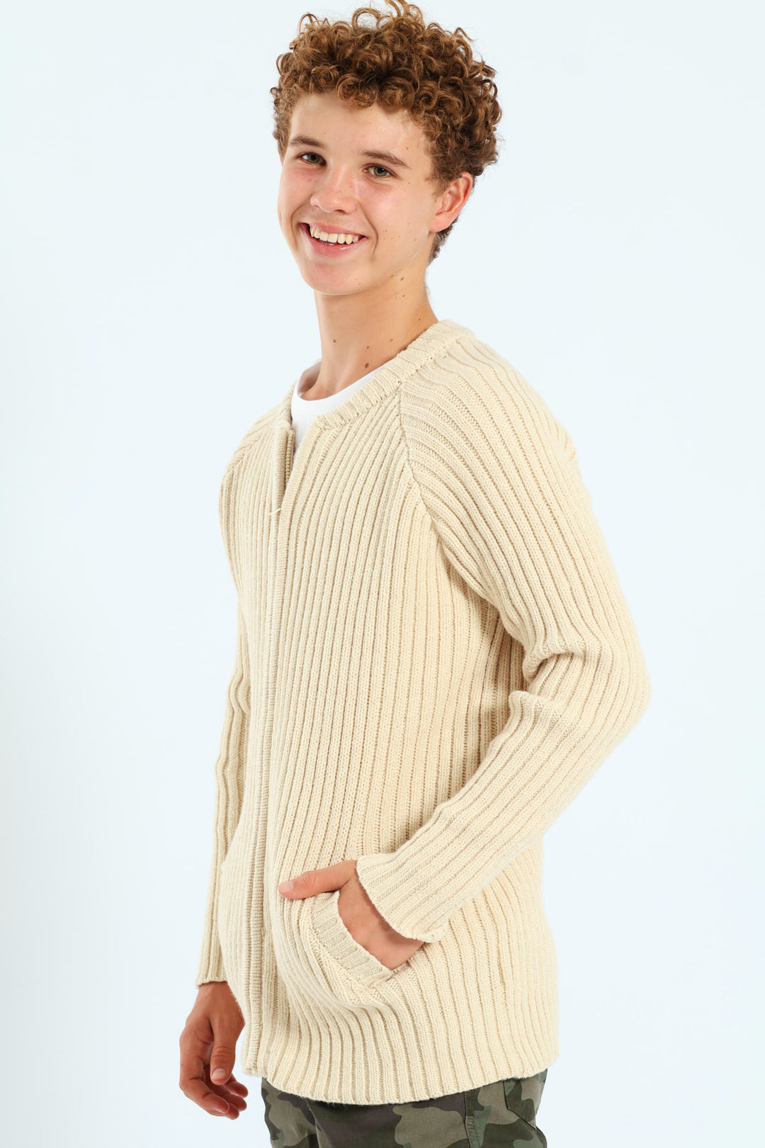 Boys Zip Through Rib Knitwear - Stone