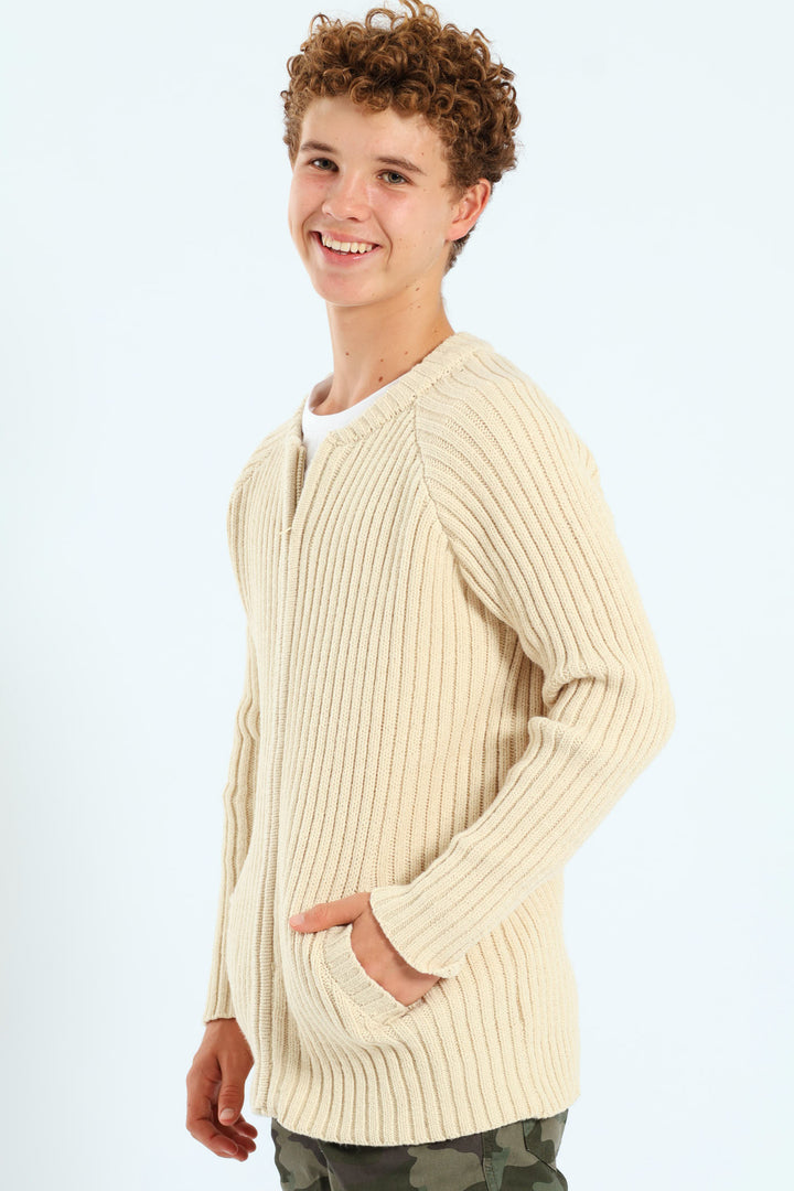Boys Zip Through Rib Knitwear - Stone