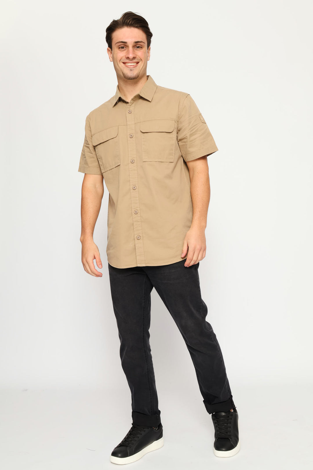 Short Sleeve Flap Pocket Badge Shirt - Taupe
