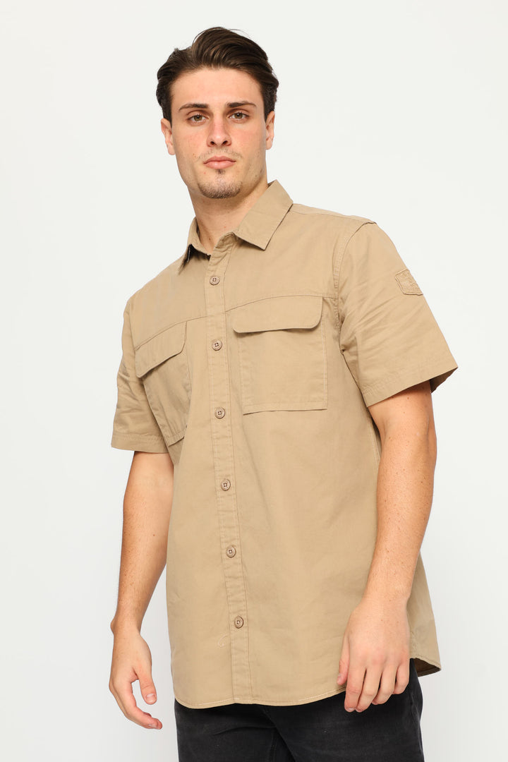 Short Sleeve Flap Pocket Badge Shirt - Taupe