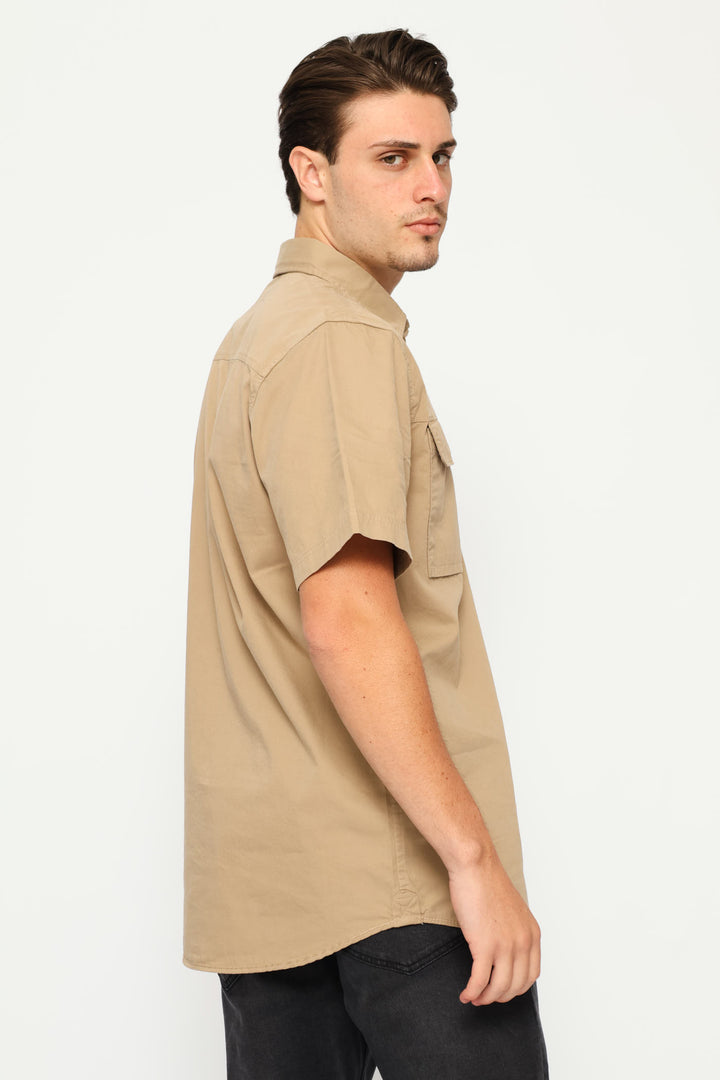 Short Sleeve Flap Pocket Badge Shirt - Taupe