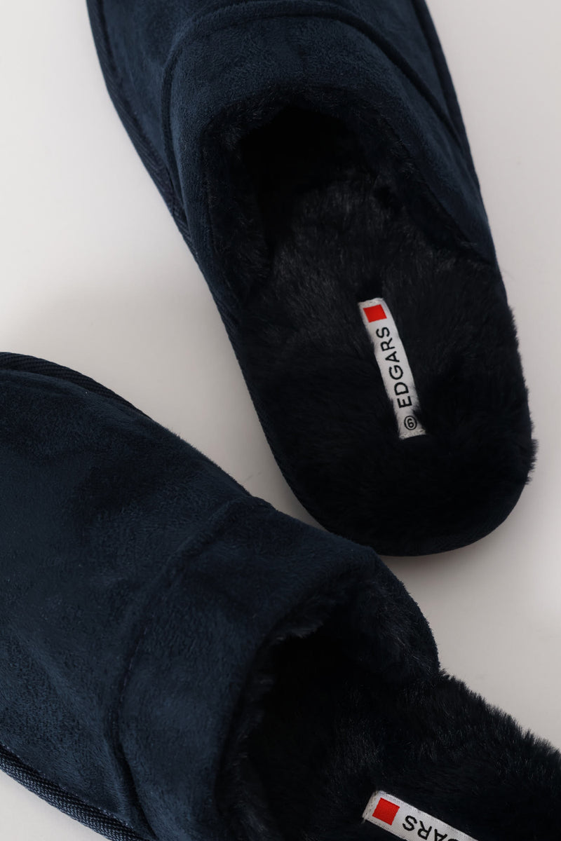Open Back Plain Upper Slipper With Fluffy Footbed - Navy