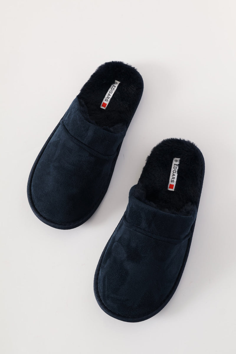Open Back Plain Upper Slipper With Fluffy Footbed - Navy
