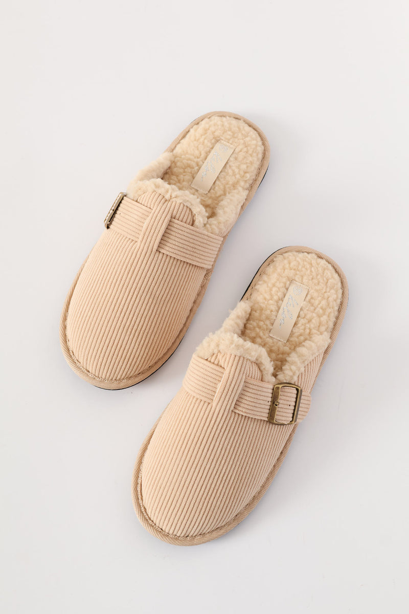 Buckle Detail Corduroy Clog Slipper - Stone