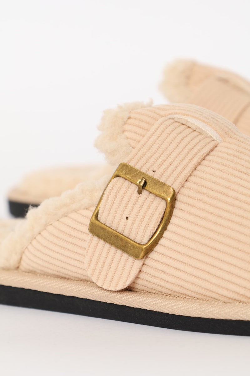Buckle Detail Corduroy Clog Slipper - Stone