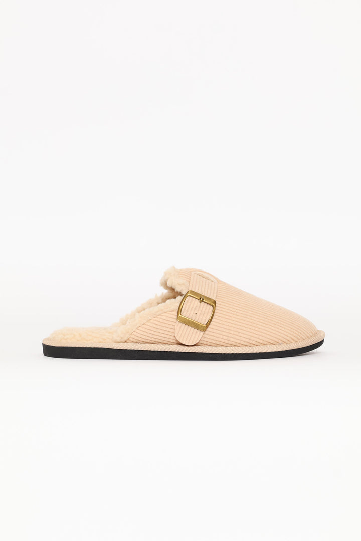 Buckle Detail Corduroy Clog Slipper - Stone