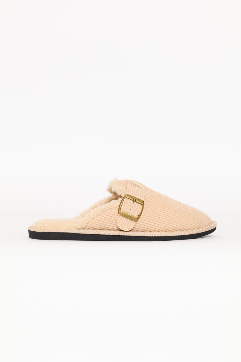 Buckle Detail Corduroy Clog Slipper - Stone