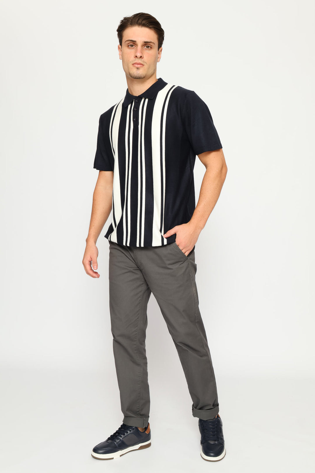 Stripe Fine Gauge Golfer - Navy/White