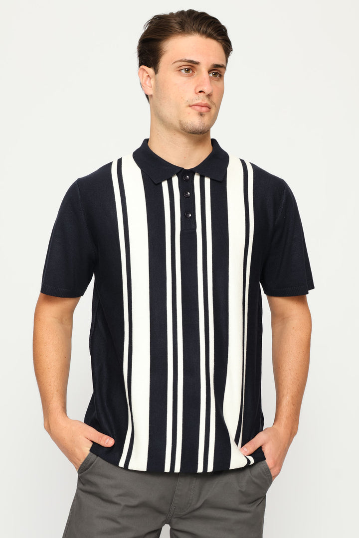 Stripe Fine Gauge Golfer - Navy/White