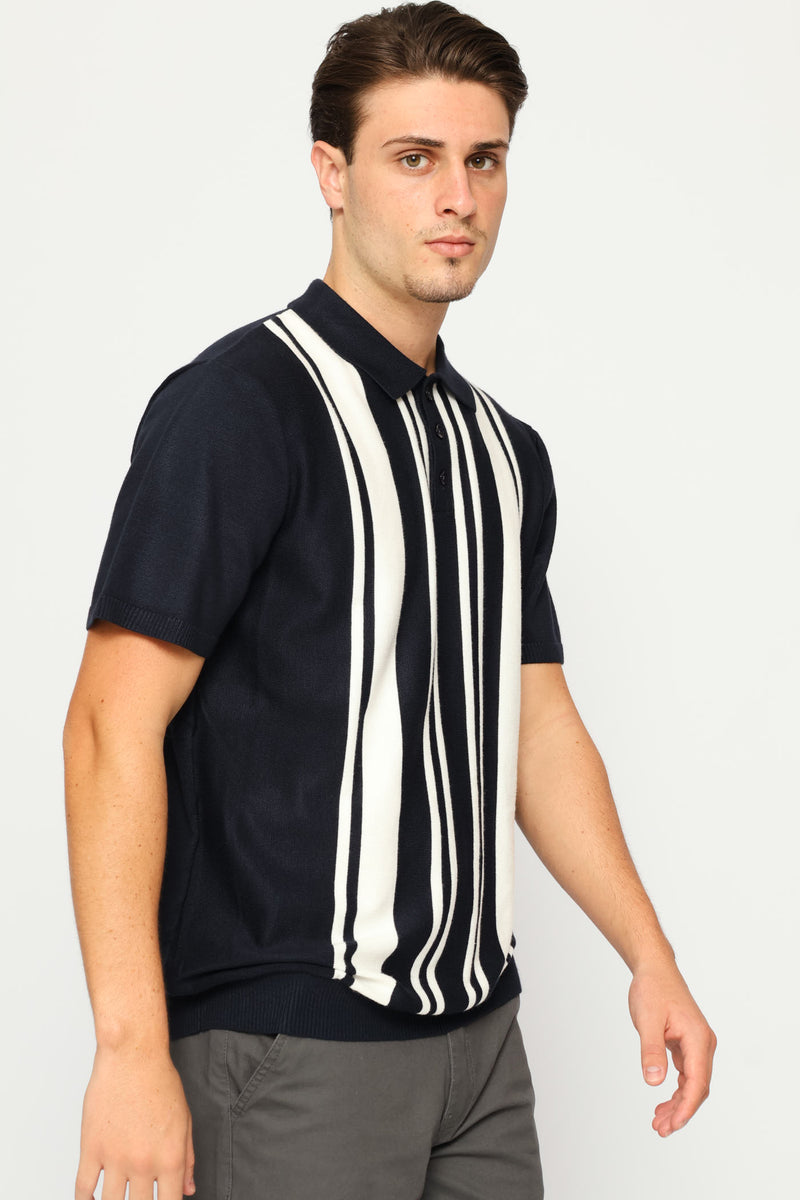 Stripe Fine Gauge Golfer - Navy/White