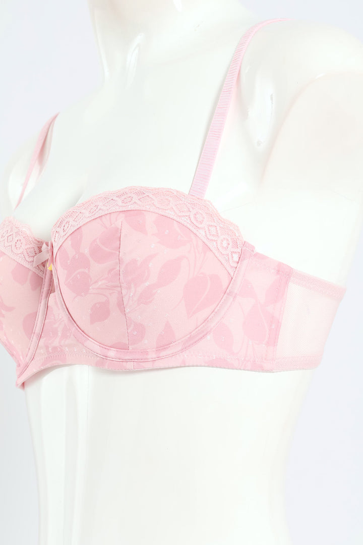 Printed Microfiber & Lace Balconette Bra - Shrinking Violet - Pink