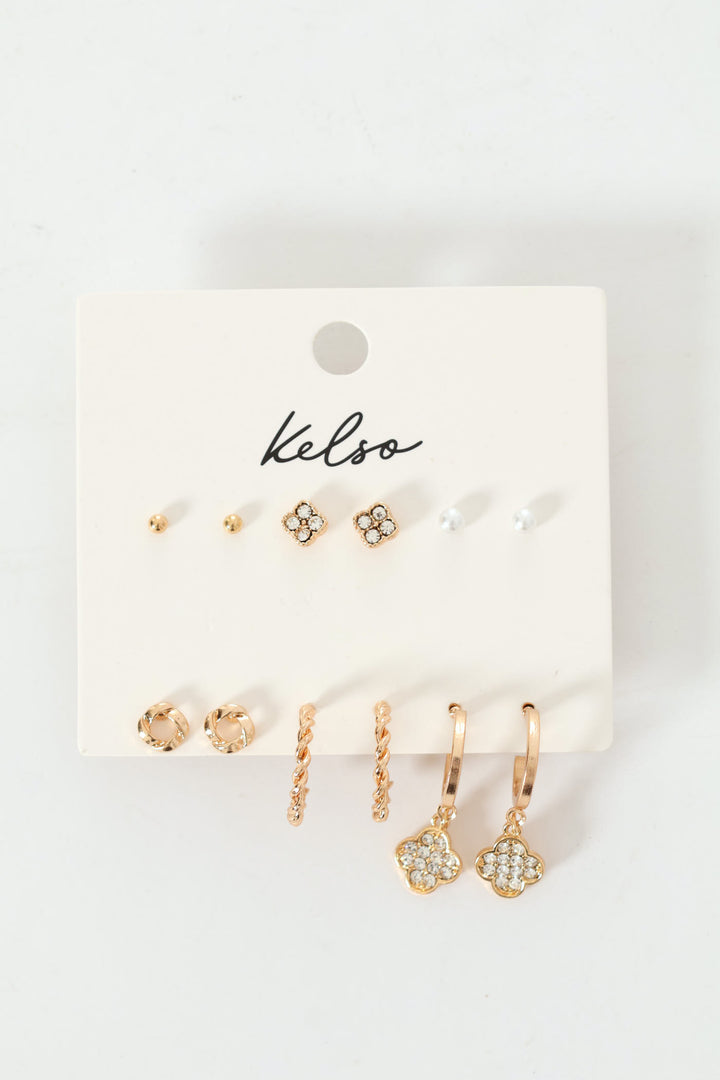 6 Pack Clover Stud & Hoop Earrings - Gold