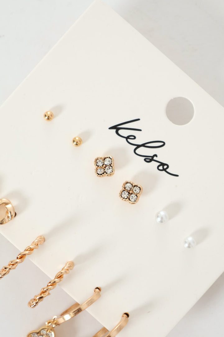 6 Pack Clover Stud & Hoop Earrings - Gold