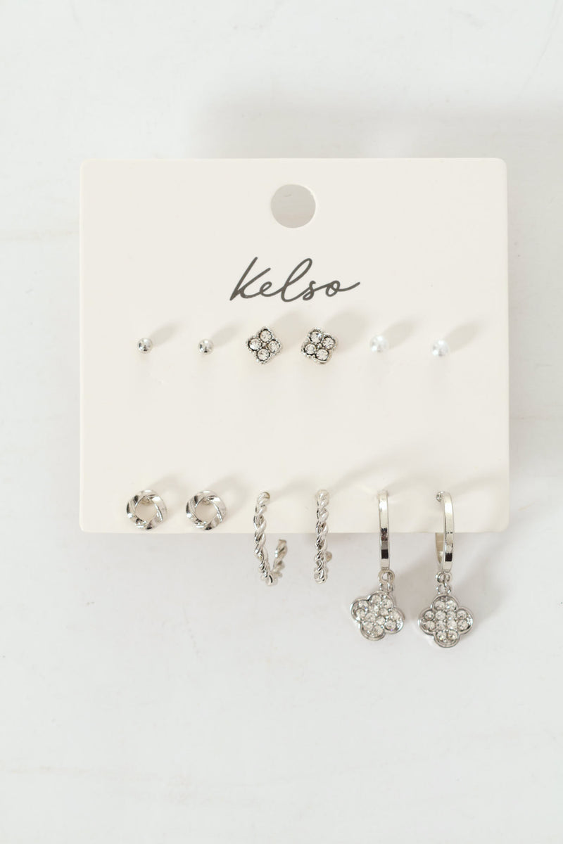 6 Pack Clover Stud & Hoop Earrings - Silver