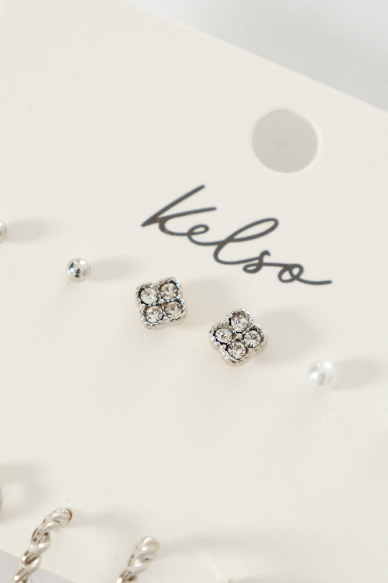 6 Pack Clover Stud & Hoop Earrings - Silver