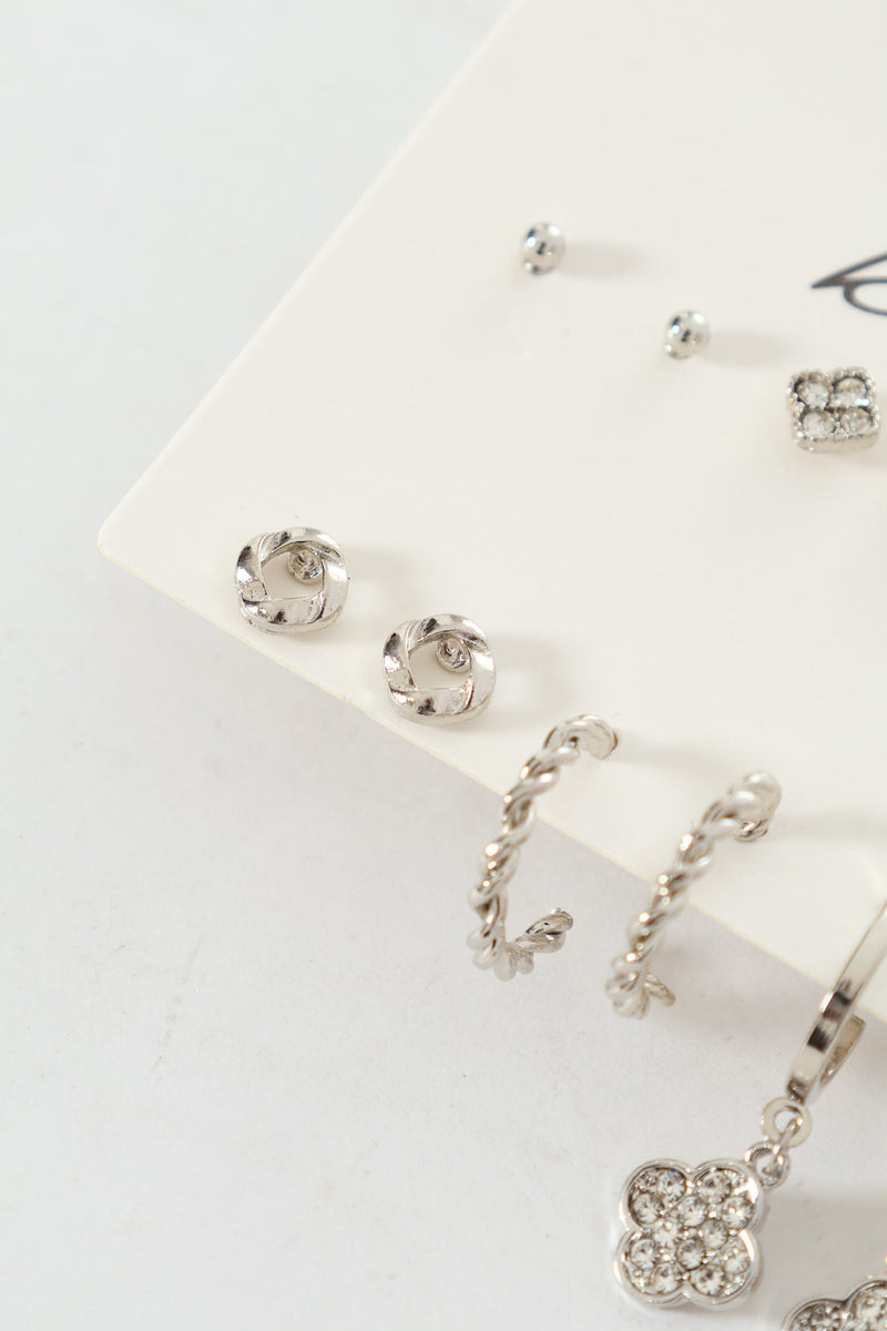 6 Pack Clover Stud & Hoop Earrings - Silver