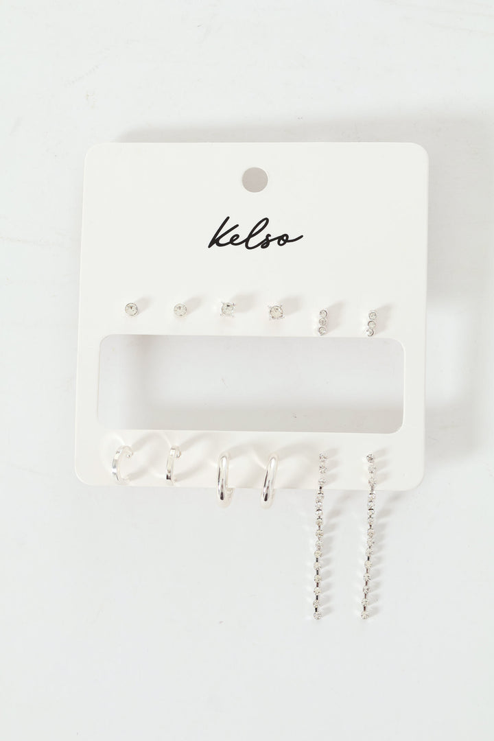 6 Pack Diamante Hoop Stud Drop Earrings - Silver