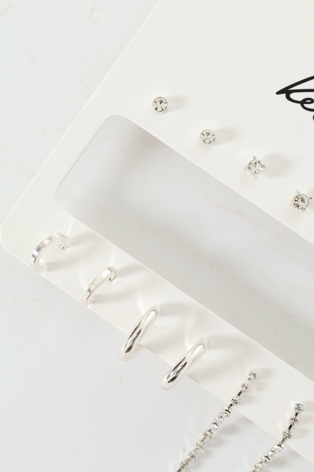 6 Pack Diamante Hoop Stud Drop Earrings - Silver