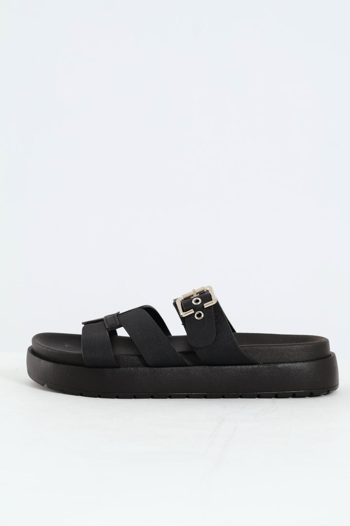 Flatform Buckle Detail H-Mule Sandal - Black