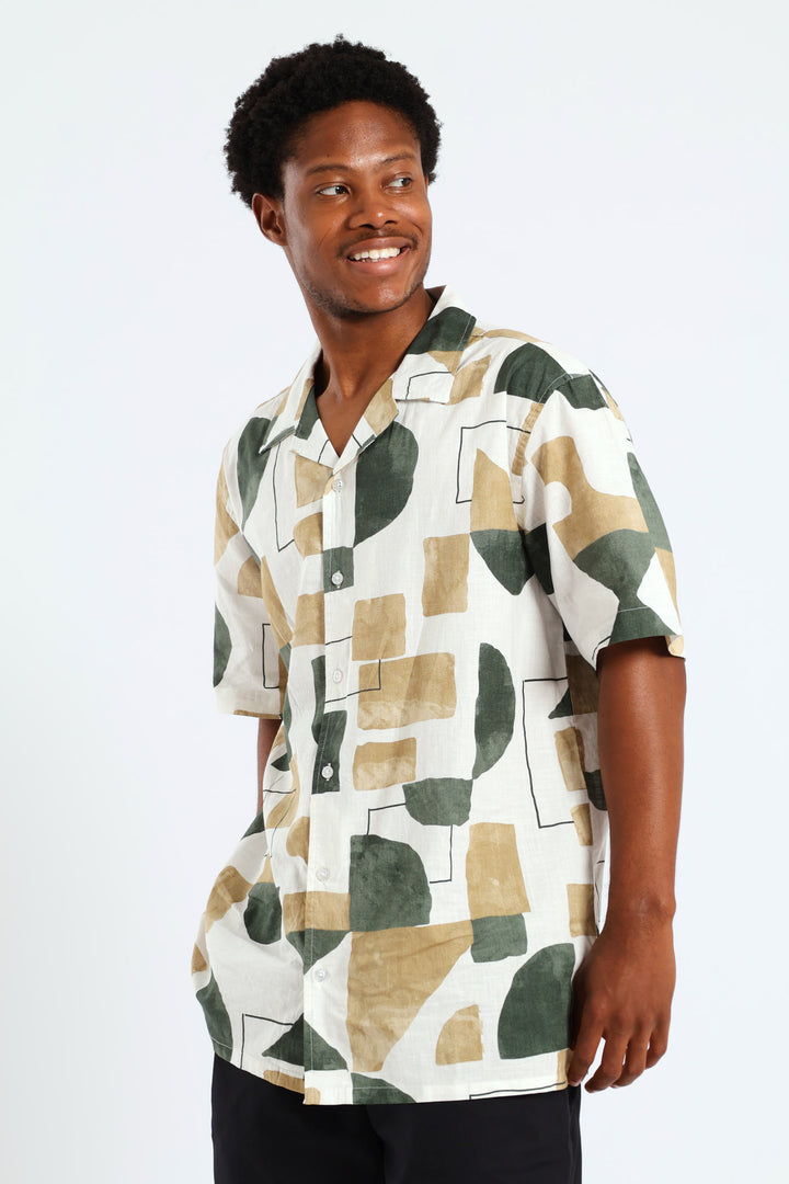 Geo Print Cotton Slub Shirt - Green