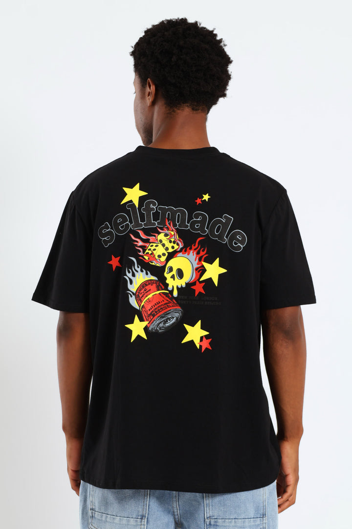 Money Skull Back & Front Print Tee - Black